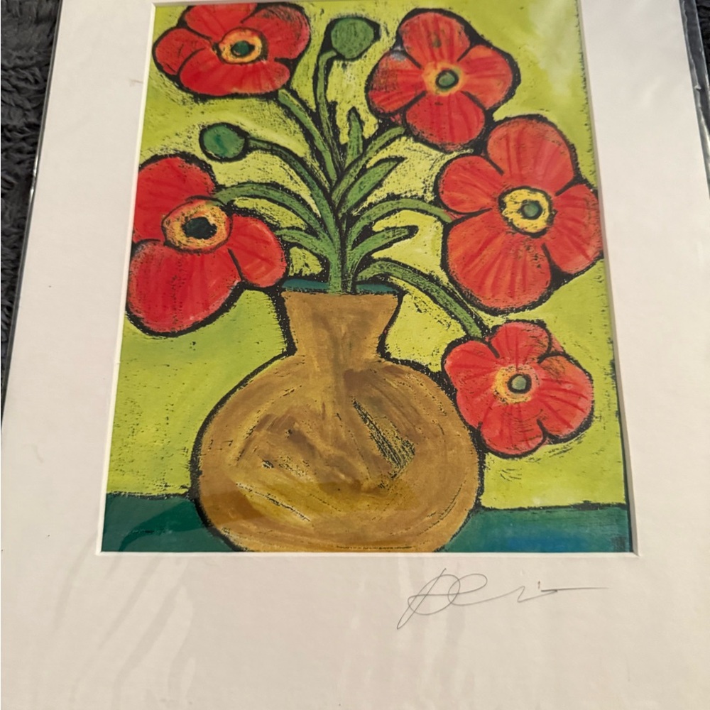 Colorful Floral Painting with Red and Green Accents